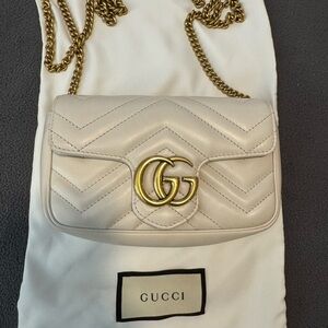 ✨ Gucci GG Marmont Mini Chain Crossbody White Matelassé Leather Gold HW